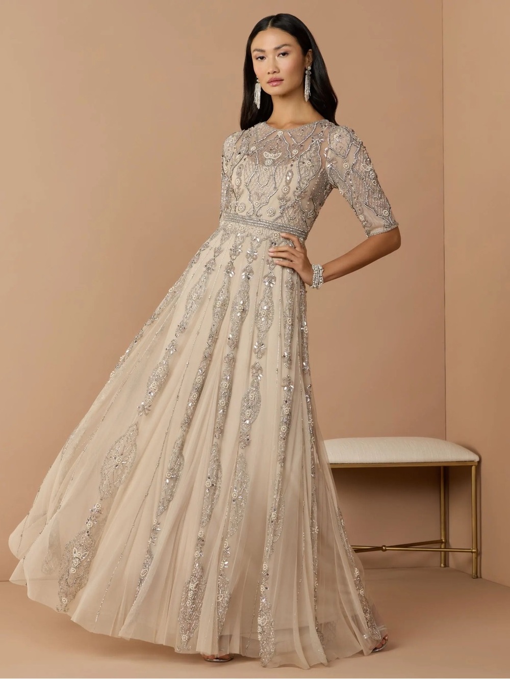 Mac Duggal 10115 Beige 3/4 Sleeve Embellished A-line Gown sz 10